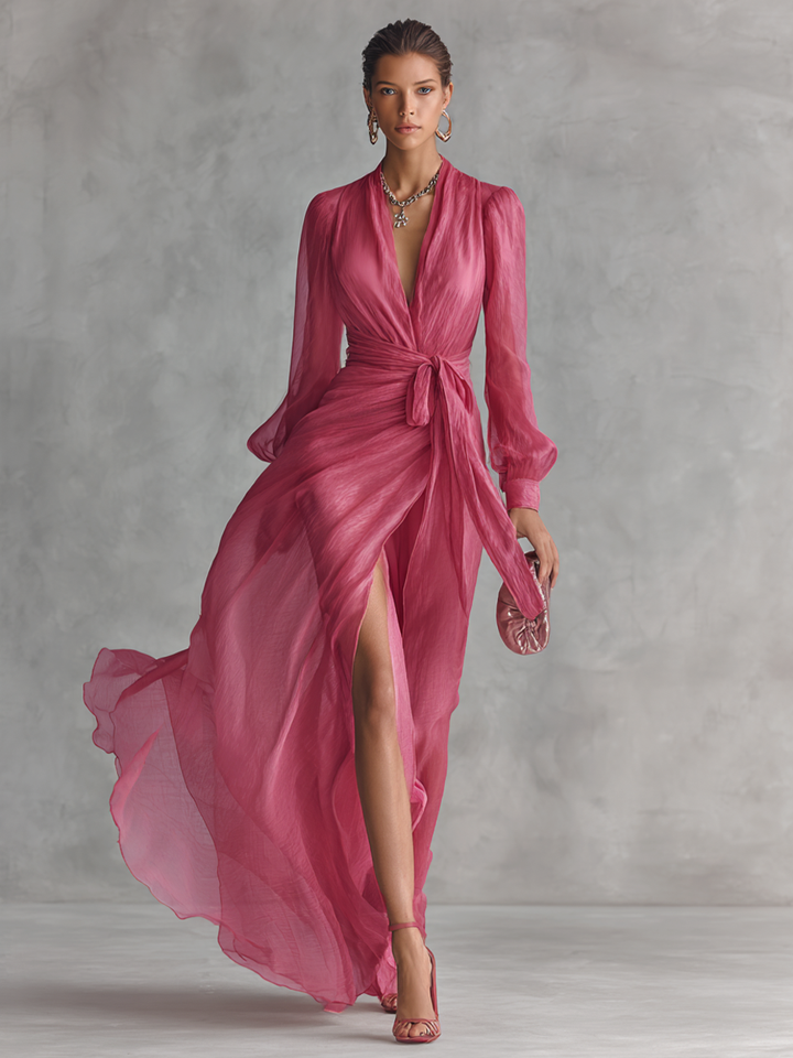 Robe Chiffon Rose V-Cou
