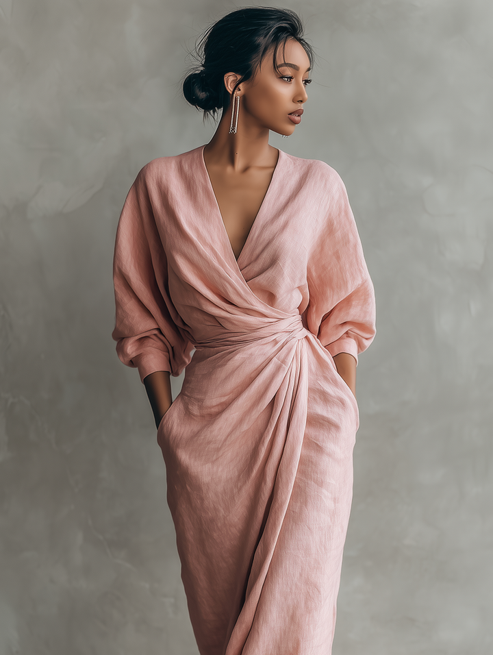 Robe Maxi en Lin Rose Décolleté en V