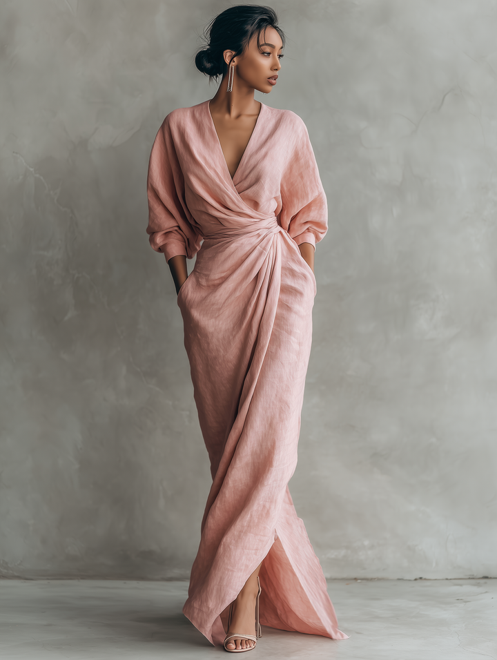 Robe Maxi en Lin Rose Décolleté en V