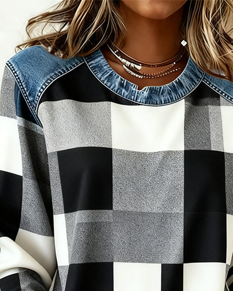 Oriane | Sweatshirt avec Patchwork à Carreaux et Couleur Contrastée