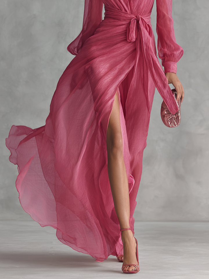 Robe Chiffon Rose V-Cou