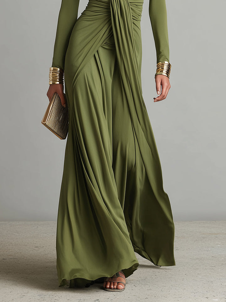 Robe Maxi en Soie Olive à Décolleté V