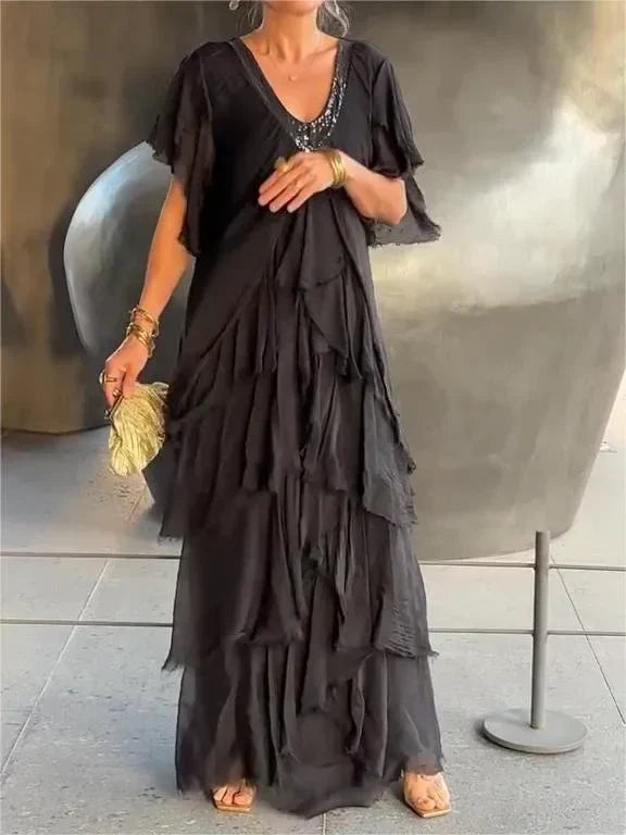 Blaise | Robe Maxi à Manches Courtes Volantes et Décolleté en V