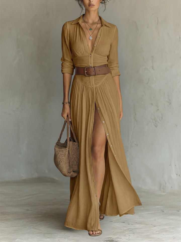Robe Maxi en Lin Col Revers à Manches Longues