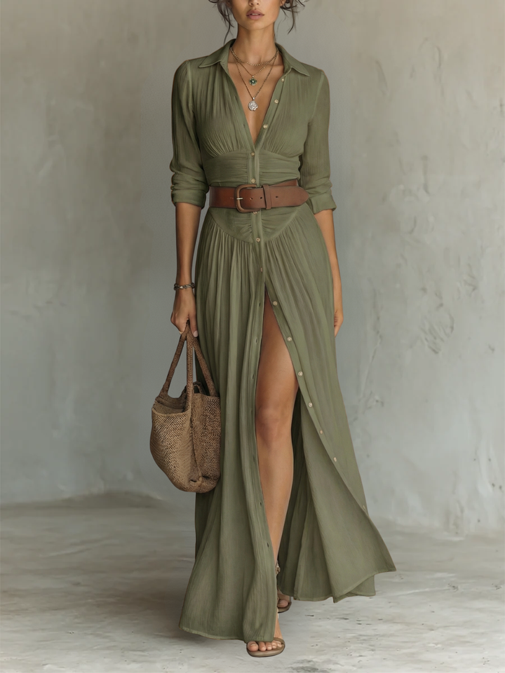 Robe Maxi en Lin Col Revers à Manches Longues