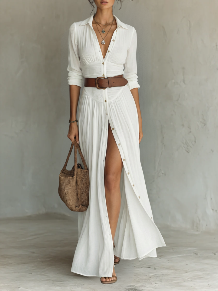 Robe Maxi en Lin Col Revers à Manches Longues