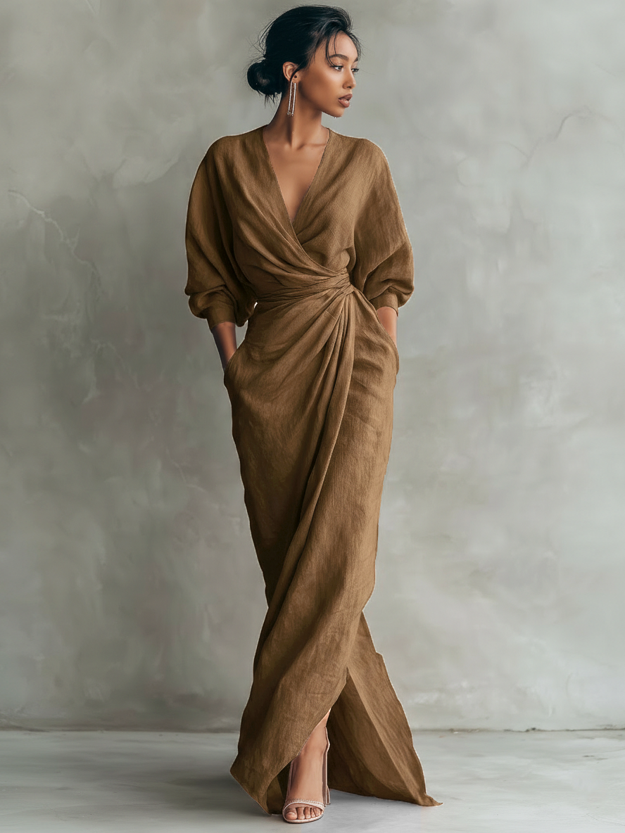Robe Maxi en Lin Rose Décolleté en V
