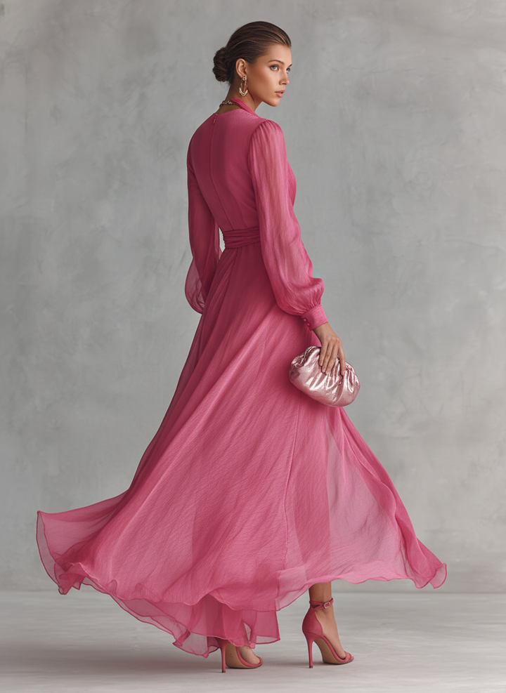 Robe Chiffon Rose V-Cou