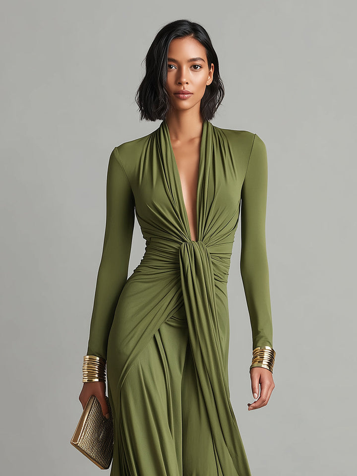 Robe Maxi en Soie Olive à Décolleté V