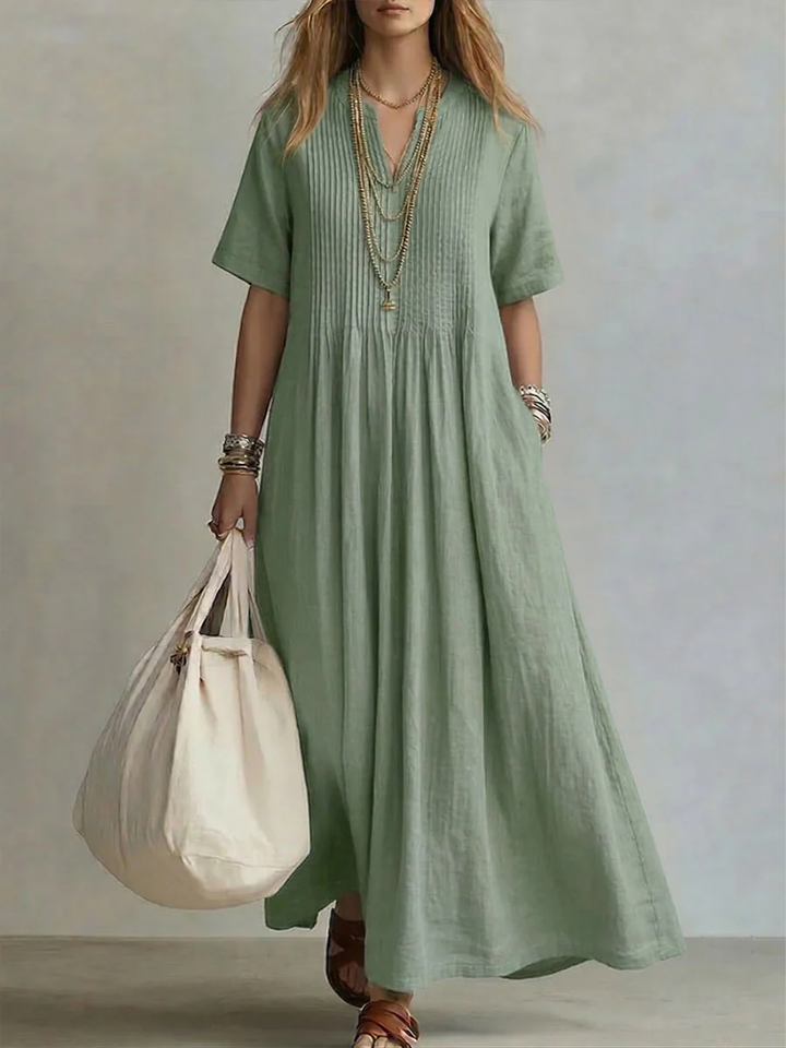 Betsaida – Robe Maxi à Col V avec Manches Courtes et Coupe Fluide