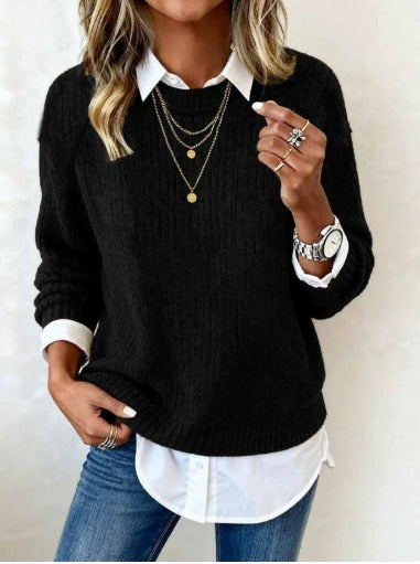 Cyrielle | Pull avec col de chemise et design patchwork